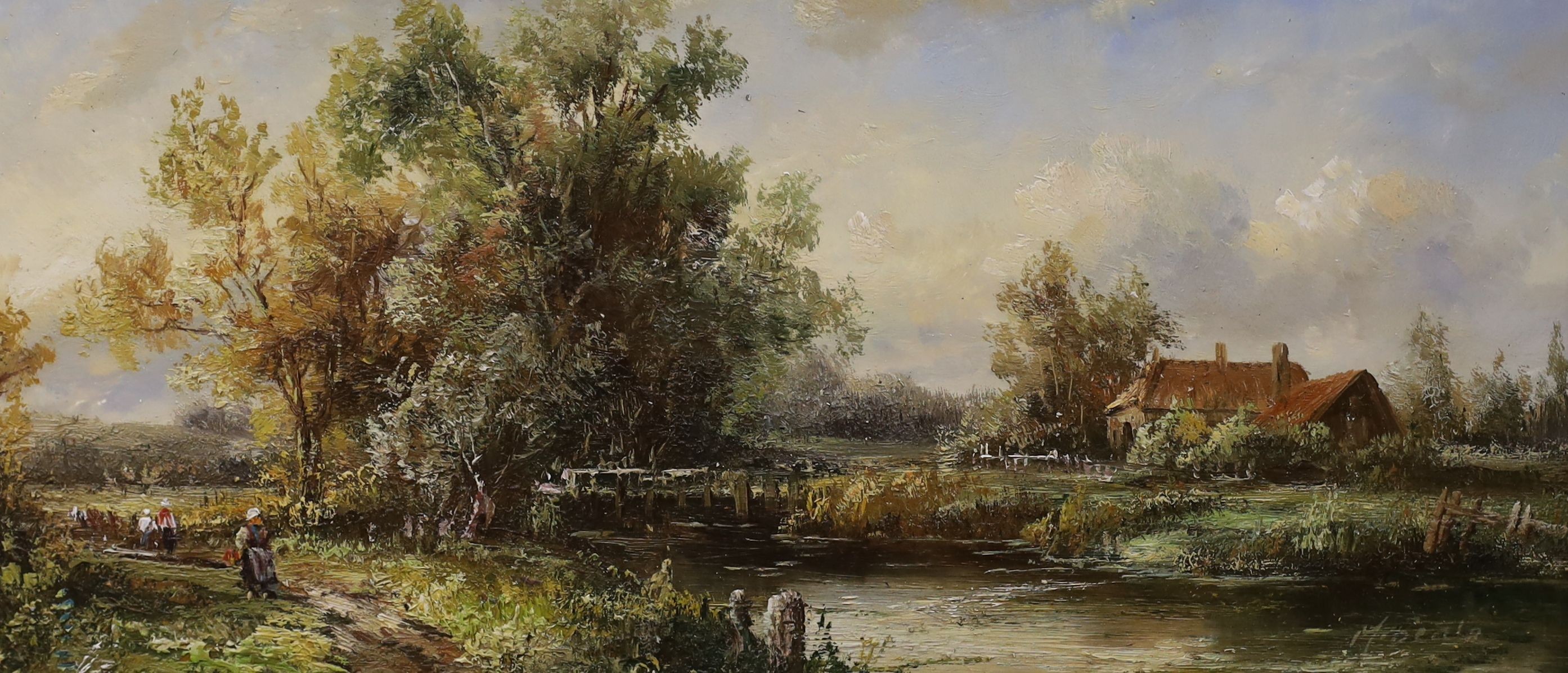 M. Beale, pair of oils on board, River landscapes, signed, 18 x 39cm